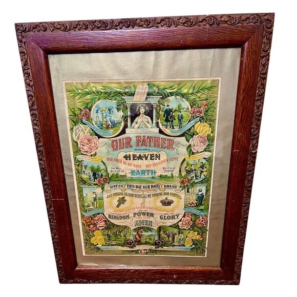 Antique Ornate Framed Lord’s Prayer Ten Commandments Lithograph C.1905James Lee